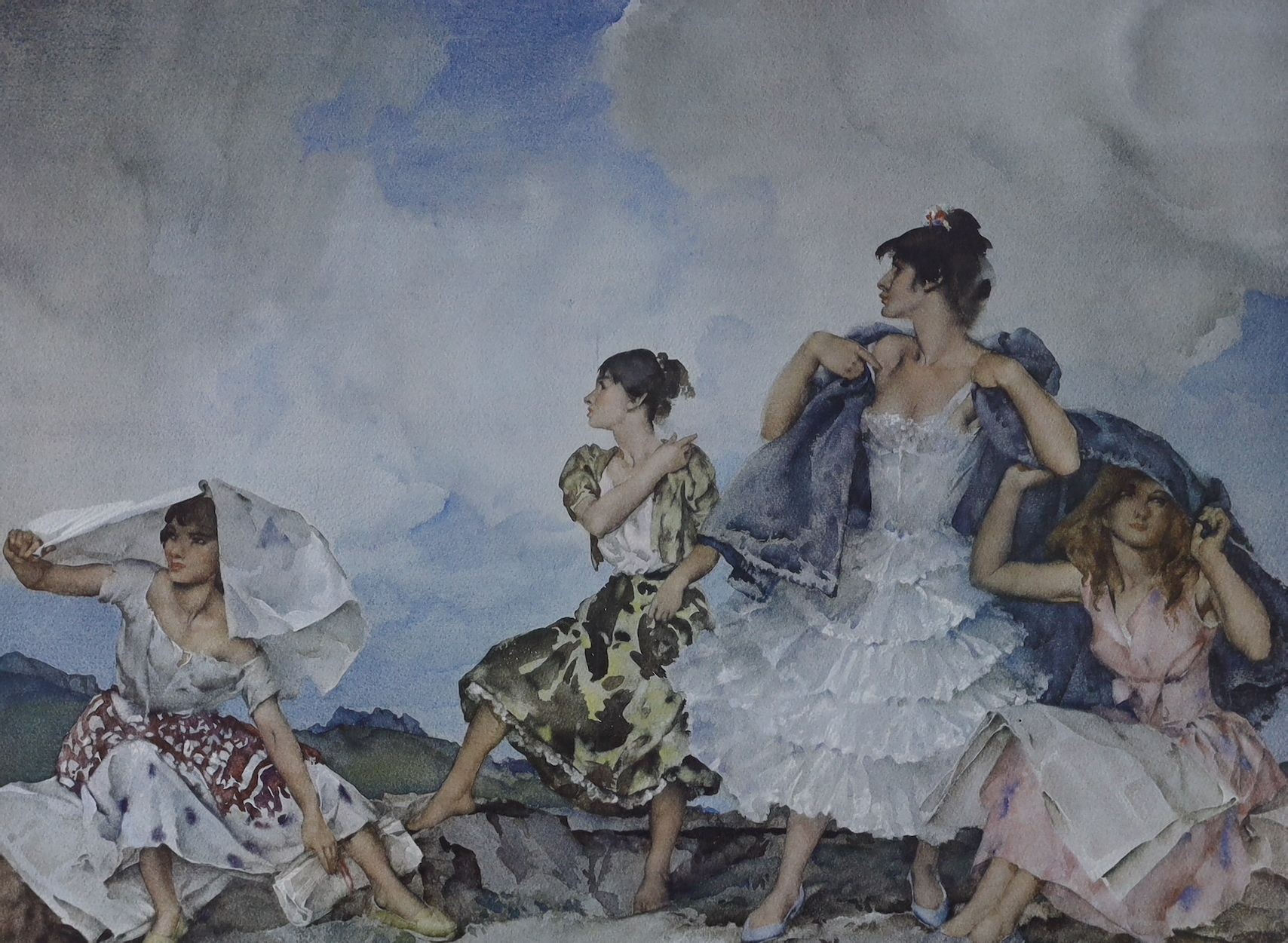 William Russell Flint, four assorted limited edition prints, 'Roxanne, France', 'Sara', 'Reclining Nude 2' and 'The Shower' and a colour reprint, largest 42 x 65cm